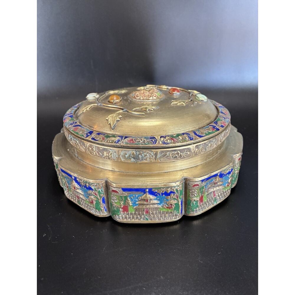 Vintage Chinese Cloisonné Brass Trinket Box Jeweled Enamel Repoussé Round Casket